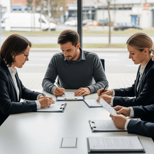 E-Bike Unfallopfer unterschreibt Vergleichsvertrag bei Anwälten im Büro