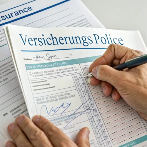 Hände halten Versicherungspolice mit sichtbaren Unterschriftsfeldern