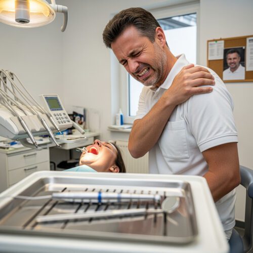 Ein Zahnarzt ringt am Stuhl mit Schmerzen. Er fordert von der BU-Versicherung die Leistungspflicht wegen seiner Berufsunfähigkeit.